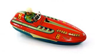 Yonezawa Speed Queen 8 Tin Litho Friction Speedboat W/driver