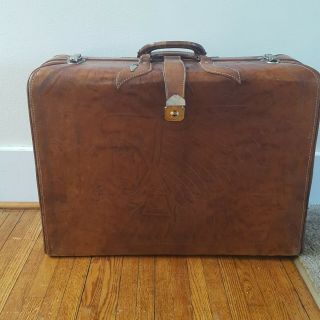 Vintage Brown Tooled Leather Luggage Suitcase Case W/ Key Southwest Decor Eagle