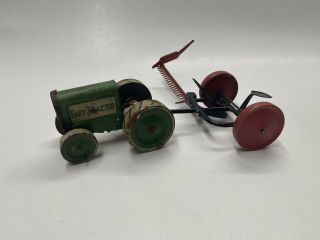 Vintage 1916 Tin Litho Animate Toy Green Baby Tractor With Equipment Trailer