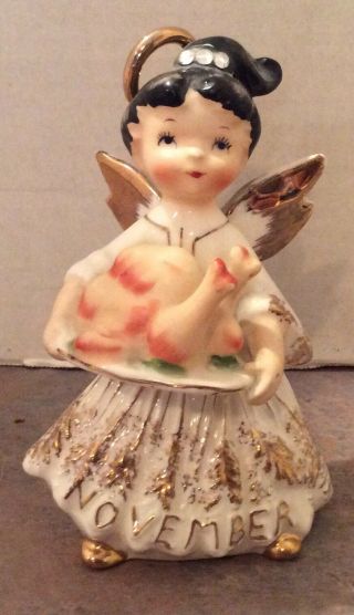 Vintage Lefton November Angel Figurine W/ Halo - Rhinestones - Thanksgiving