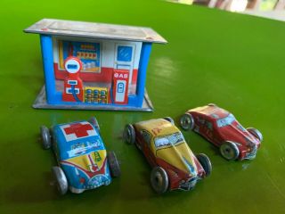 1950s Penny Toy Gas Station With 3 Vehicles In
