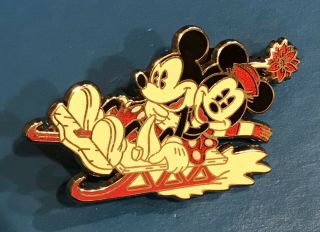 Minnie & Mickey Mouse On Sled Disney Double Pin Back