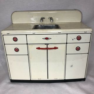 1950s Vintage Marx Metal Tin Toy Kitchen Sink Cabinet Play Set