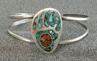 Vintage Navajo Sterling Silver Bear Paw Cuff Bracelet Turquoise Coral Chip Inlay