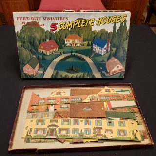 Vtg 1940s Built - Rite Miniatures Toys 5 Complete Houses Cardboard W/box Complete
