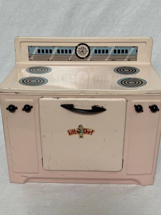 Vintage Pink Little Chef Toy Stove Oven Range Metal Tin Toy 1950s Ohio Art Co.