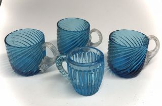4 Tasses Chopes Miniature En Verre MoulÉ Bleu À Torsade