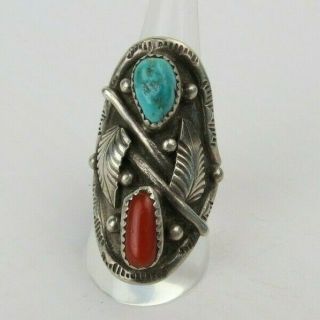 Vtg Signed Turquoise & Coral Navajo Native American Sterling Silver Ring S 9