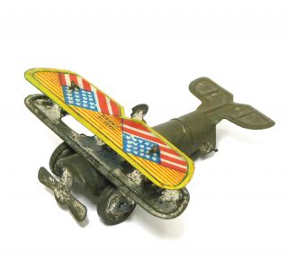 Penny Toy American Flag Bi - Plane Japan Miniature Tin Litho Toy Pre War Airplane