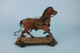 Antique 8 " Tall Papier Mache Horse On Wheels Fabulous To Display With Doll
