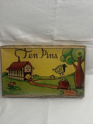 Vintage Wooden 8” Ten Pin Bowling Set Game 10 Pins Wood Ball Antique Toy W/ Box