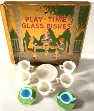 Vintage Akro Agate Play - Time Glass Childs Tea Set W/original Box