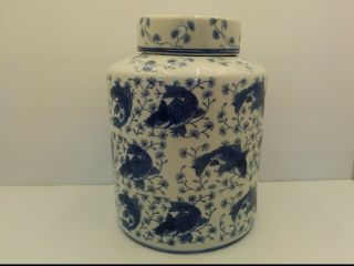 Vintage Porcelain Ginger Jar With Lid,  Asian Blue And White Koi Fish,  10 " Tall
