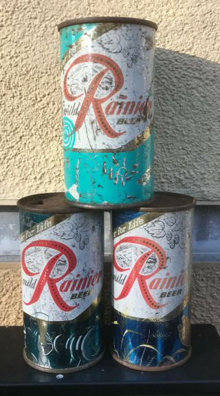 3 Diff.  (",  Milder Vanity Lid) 12 & 11 Oz Rainier Jubilee Flat Top Beer Cans
