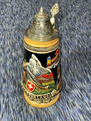 Vintage King Lidded Beer Stein Made In Germany / Switzerland Zurich Bern Luzern