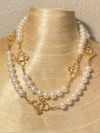 Vtg Open Bezel Austrian Crystal Pearl Necklace Cross Gold 8mm Long France