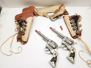 Vintage Hubley Texan Jr Western Pair Toy Cap Gun Revolvers,  Leather Fringe Belt