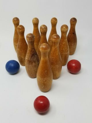 Antique Primitive Wooden Bowling 10 Pin Ball Set With 3 Balls Toy Sports Decor