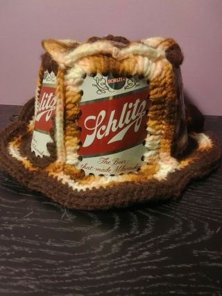 Vintage 70s Schlitz Beer Can Hat Crochet Bucket Hat Mens One Size Gift Euc