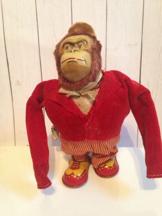Rare Vintage Old 6 " Metal Tin Wind Up Toy Walking Gorilla Monkey Ape Red Coat