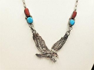 Vtg Navajo Signed Jb Turquoise Coral Eagle 925 Sterling Silver Chain Necklace