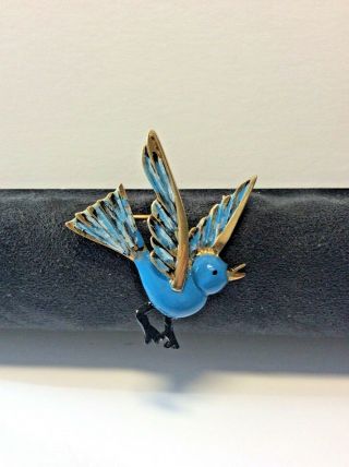 Vintage Sterling Craft Coro Signed Enamel Blue Bird In Flight Brooch