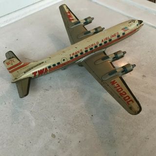 Vintage YONEZAWA TWA DC - 7C Seven Seas Tin Litho Friction N7020C Airplane Toy 3