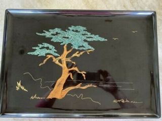 Vintage Mcm 1966 Couroc Of Monterey Cypress Tree Inlaid Wood Lrg Tray Exc.  Cond.