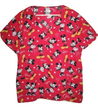 Disney Mickey Minnie Mouse Scrub Top Cartoon Womens 2xl Red Love Shirt