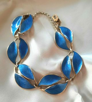 Vintage David Andersen Sterling Dbl Leaf Bracelet Guilloche Enamel Cobalt Blue
