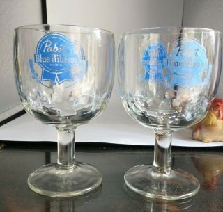 2 Vintage Pabst Blue Ribbon Beer Stemmed Thumbprint Goblet Glass Mug