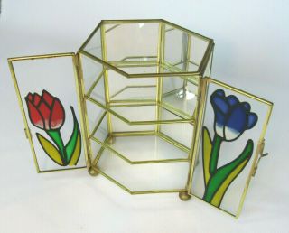 Vtg 1960s 70s Flower Stained Glass 7 3/8 " Tall Trinket Box 3 Shelfs Brass Frame