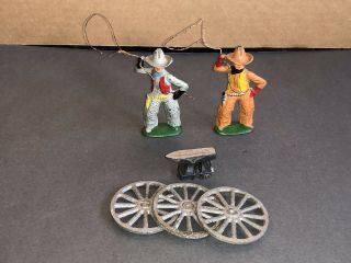 2 - Vintage Lead Barclay 752 Gray & Orange Cowboy Toy Figures With Lasso,