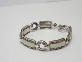 Vintage Sterling Silver Toggle Bracelet With Mother Of Pearl And Marcasite