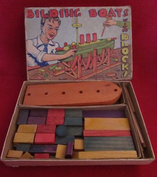 Vintage Wooden Boat Toy By Stahlwood Building Boats W Blocks