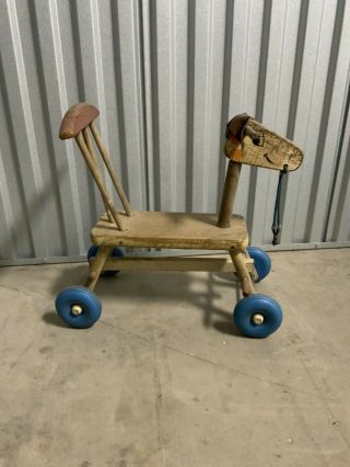 Vintage Primitive Antique Wood Toy Horse On Wheels Handmade — Leather Ears