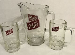 Vintage Schlitz Beer Heavy Glass Pitcher And Mugs 1970 