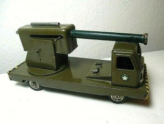 Vintage Tin Friction Drive Army Truck With Revolving Firing Cannon