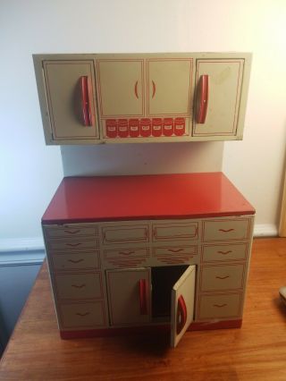 1950s Wolverine Tin Litho Red & White Kitchen Cabinets And Counter Child Toy
