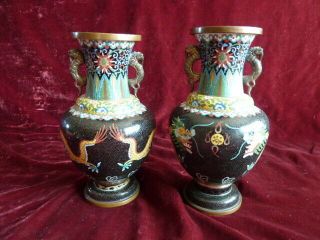 Vintage Chinese Cloisonne Brass Enamel Vase With Dragons & Flowers