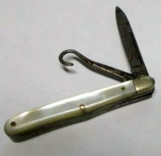 Antique 1900s Joseph Barnard And Sons Mother - Of - Pearl Pocket Knife W/button Hook
