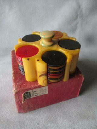 Vintage Set Of Bakelite Poker Chips W/ Holder And Box