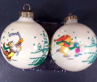 Two Vintage Disney Winnie The Pooh & Tigger Glass Christmas Ornaments White Ball