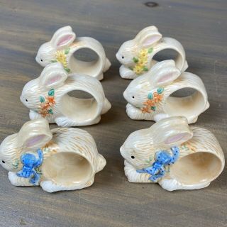 Vintage Ceramic Bunny Rabbit Easter Floral Napkin Ring Holders Set Of 12