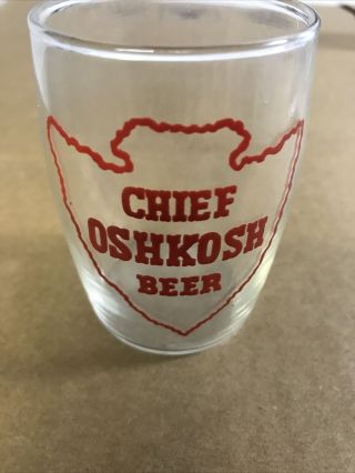 Vintage Chief Oshkosh Barrel Beer Glass 3 1/4 " Tall,  Huge Red Graphics,  Oshkosh,