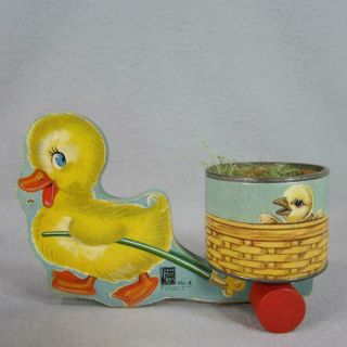 Fisher Price Toys No.  6 - Easter Duck Wood & Tin Litho Candy Container Pull Toy