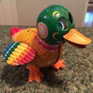 Vintage Tin Wind - Up Toy Duck Made In Japan Antique Metal Litho Robot Bird