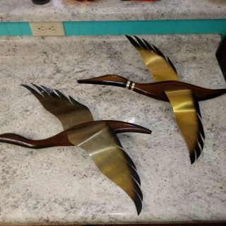 Pair Vintage Mcm Teak Wood Flying Duck Goose Metal Wing Wall Hangings Decor 22 "
