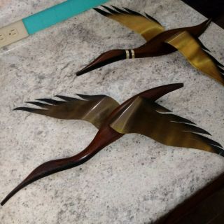 Pair Vintage MCM Teak Wood Flying Duck Goose Metal Wing Wall Hangings Decor 22 