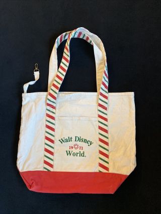 Walt Disney World Xl Canvas Tote Bag Red Green Christmas Holiday Stripe